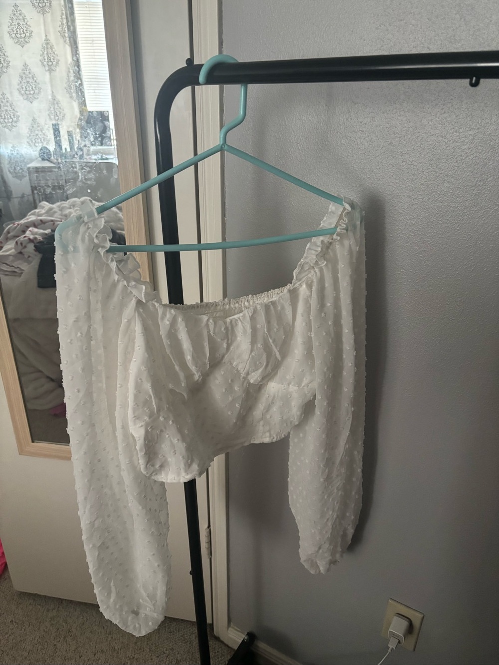 SHEIN White Swiss Dot Off-Shoulder Long Puff Sleeve Crop Top